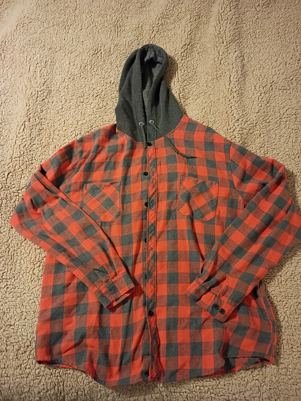 Gray & Orange Plaid Hooded Button-Up Shirt